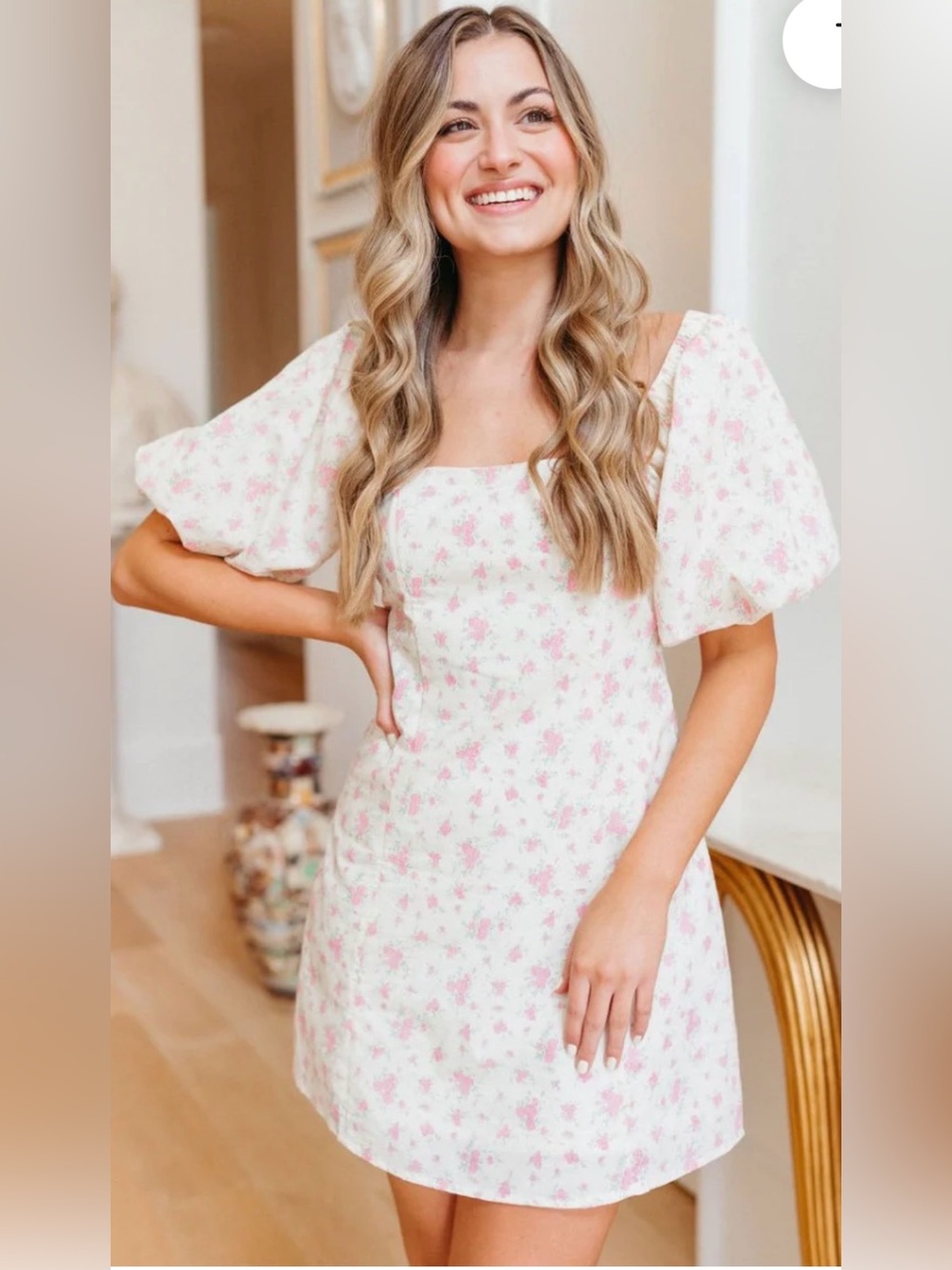 Mable Cream pink Floral square Neck Mini Dress puff sleeve size M